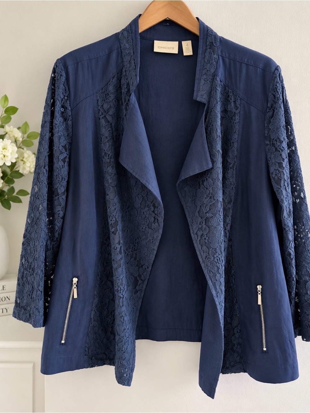 Chico's Women’s Navy Lace-Trim Open Drape Blazer Size 4